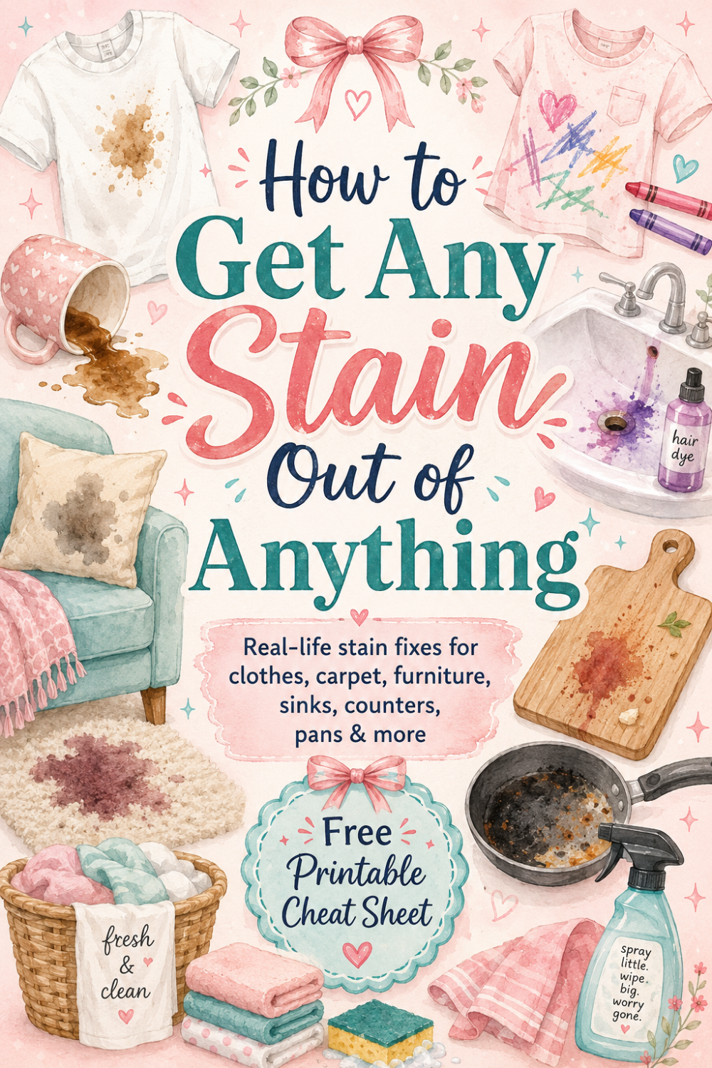 Learn how to get stubborn stains out of clothes, carpet, furniture, sinks, counters, cookware and more with this real-life stain removal guide. Includes tips for blood, grease, ink, pet stains, hair dye, crayon and even crayon that went through the dryer, plus a free printable stain removal cheat sheet to keep handy.