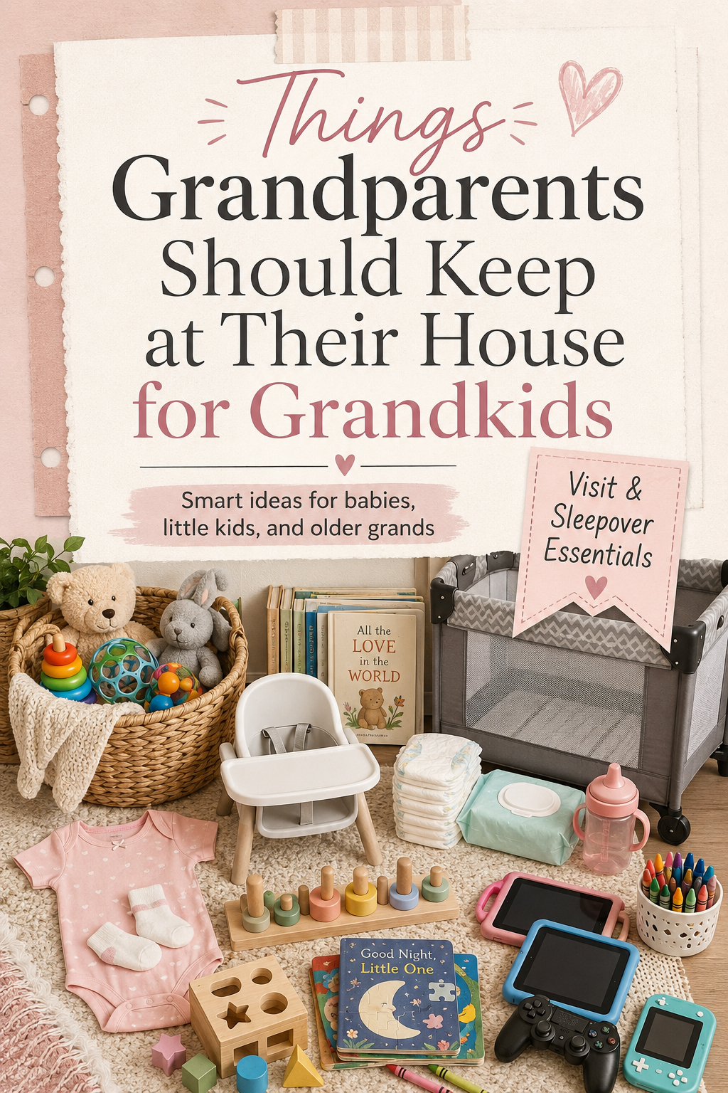 What should grandparents keep at their house for grandkids? From baby snacks, diapers, toys and sleepover gear to tablets, clothes and essentials for older kids, these practical ideas make visits easier, more comfortable and a lot more fun for everyone.