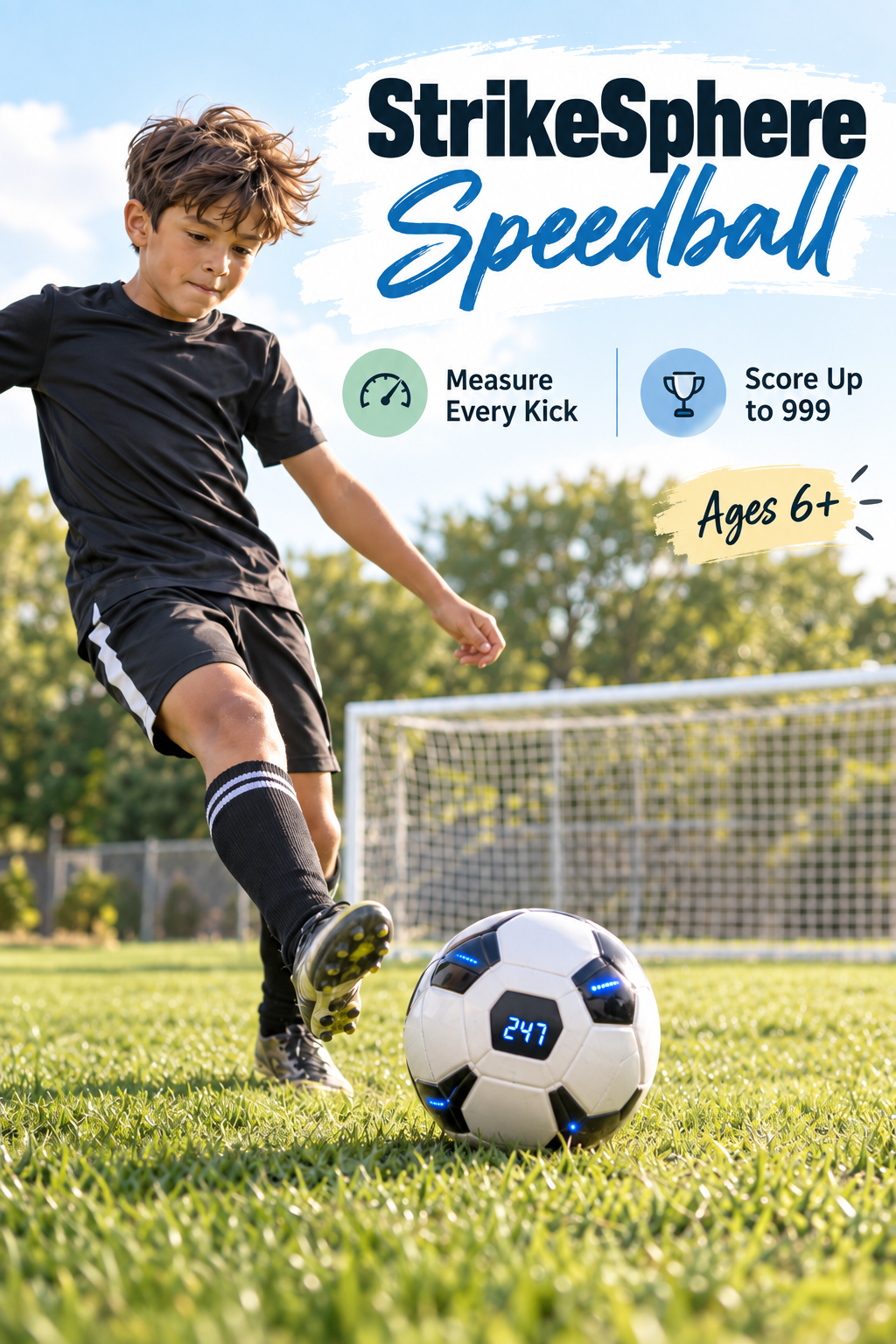 The StrikeSphere Speedball turns soccer practice into a high-score challenge kids can’t resist. With a built-in Smart Power Sensor, LED display, scores up to 999, and one-button activation, kids can measure every kick and keep trying to beat their best score. Designed for ages 6+, this size 4 soccer ball is a fun gift idea for young soccer players who love competition and outdoor play. #SoccerKids #SoccerGift #KidsSports #OutdoorToys #SoccerTraining