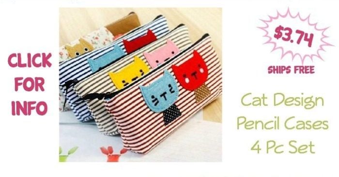 Cat Design Pencil Cases 4 Pc Set Just $3.74! Ships FREE!