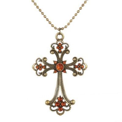Orange Crystal and Bronze Cross Necklace Just $0.99 SHIPPED!