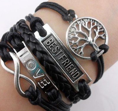 Wish Tree, Best Friend, Love Black Leather Bracelet Just $1.94!