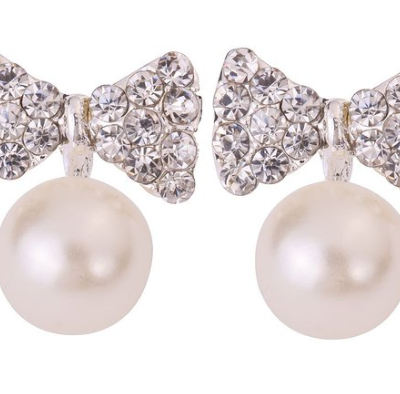 Silver Plated Bow Full Sparkling Pearl Earrings $3.89 SHIPPED!
